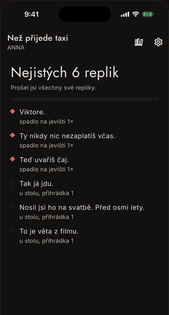 Obrazovka stavu appky Nazkoušeno: skutečné veličiny místo bodů a odznaků.
