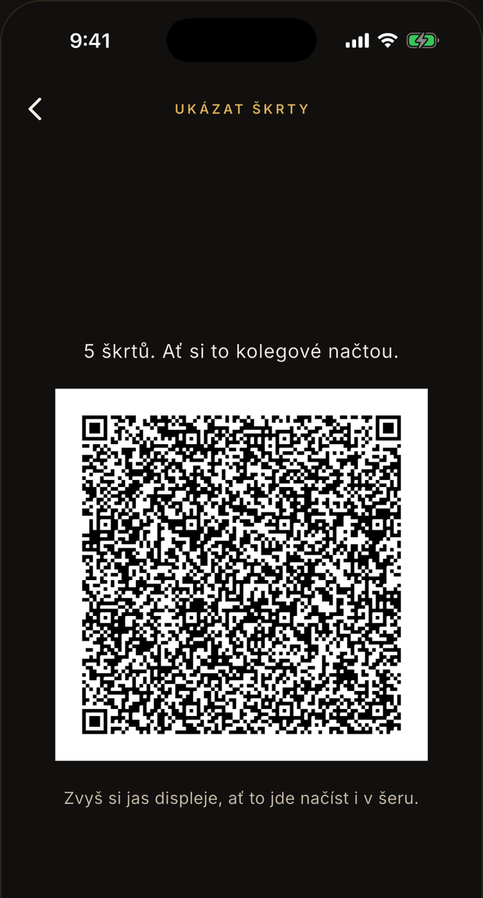 QR kód se seznamem škrtů v appce Nazkoušeno, připravený k načtení kolegy v souboru.