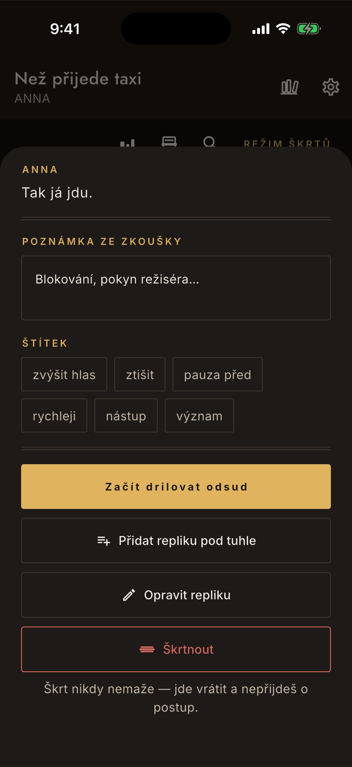 Panel u repliky v appce Nazkoušeno: pole pro poznámku ze zkoušky, výběr štítku a tlačítka Začít drilovat odsud, přidat repliku, opravit a škrtnout.