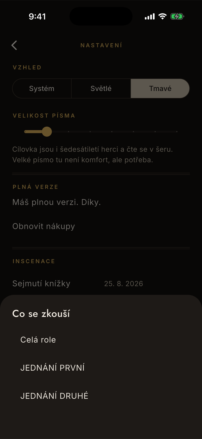 Nastavení Co se zkouší v appce Nazkoušeno: volba mezi celou rolí a jednotlivými dějstvími nalezenými ve scénáři.