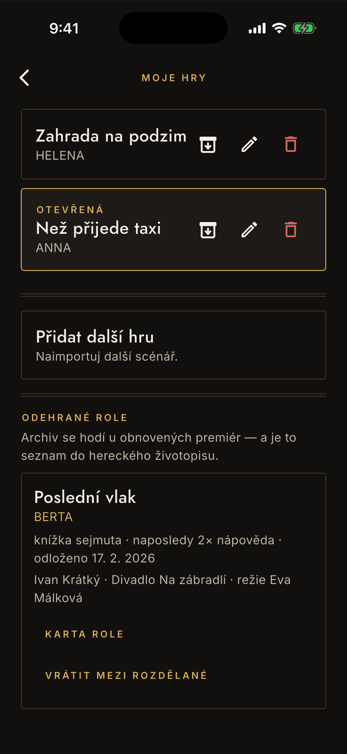 Obrazovka Moje hry: dvě rozdělané hry, otevřená je orámovaná, pod nimi Přidat další hru a oddíl Odehrané role s archivovanou inscenací.