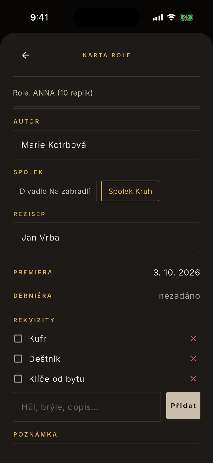 Karta role s řádkem Role: ANNA (10 replik), vyplněným autorem, vybraným spolkem, režisérem, datem premiéry, třemi rekvizitami k odškrtnutí a poznámkou.