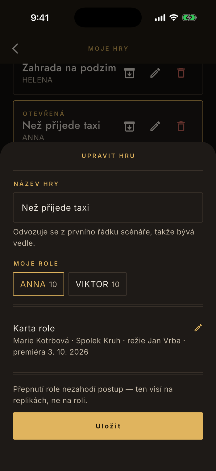 Panel Upravit hru: pole Název hry, výběr Moje role s počty replik u postav a řádek Karta role se souhrnem autor, spolek, režie a premiéra.