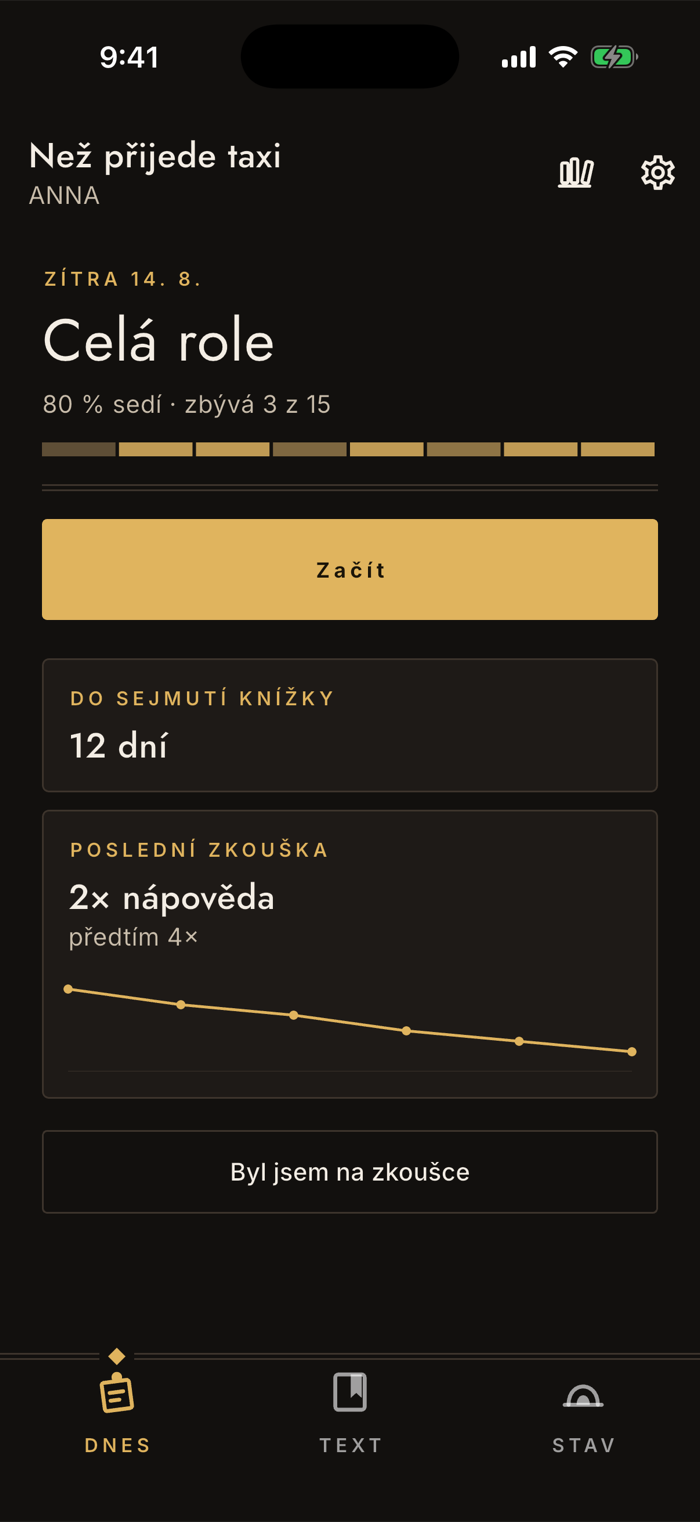Domovská obrazovka appky Nazkoušeno s nadpisem Celá role, řádkem 80 % sedí, zbývá 3 z 15 a osmisegmentovým pruhem postupu, kde jsou některé úseky tmavší.