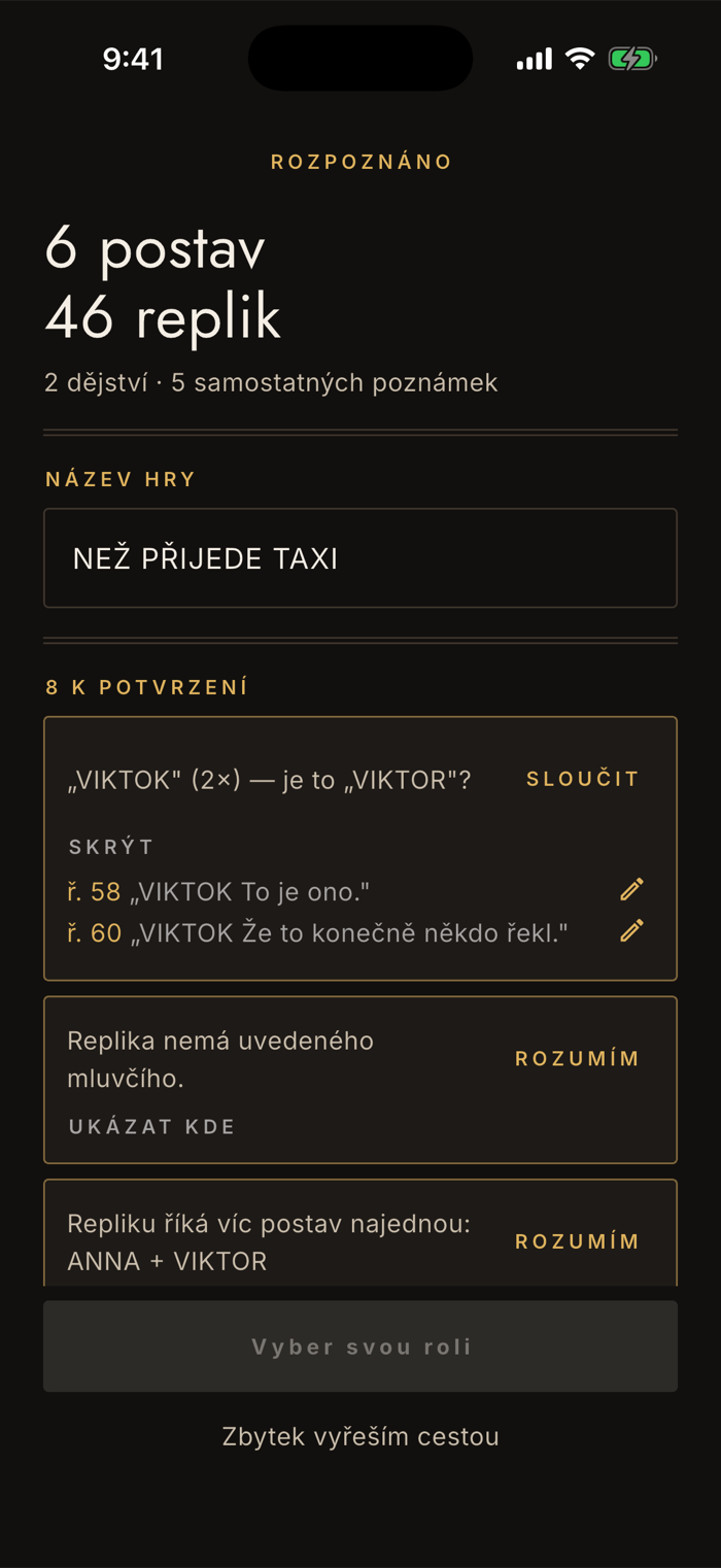 Rozbalený nález v appce Nazkoušeno: hlášení „VIKTOK (2×) — je to VIKTOR?“ s tlačítkem Sloučit a dvěma citovanými řádky 58 a 60, u každého tužka pro opravu.