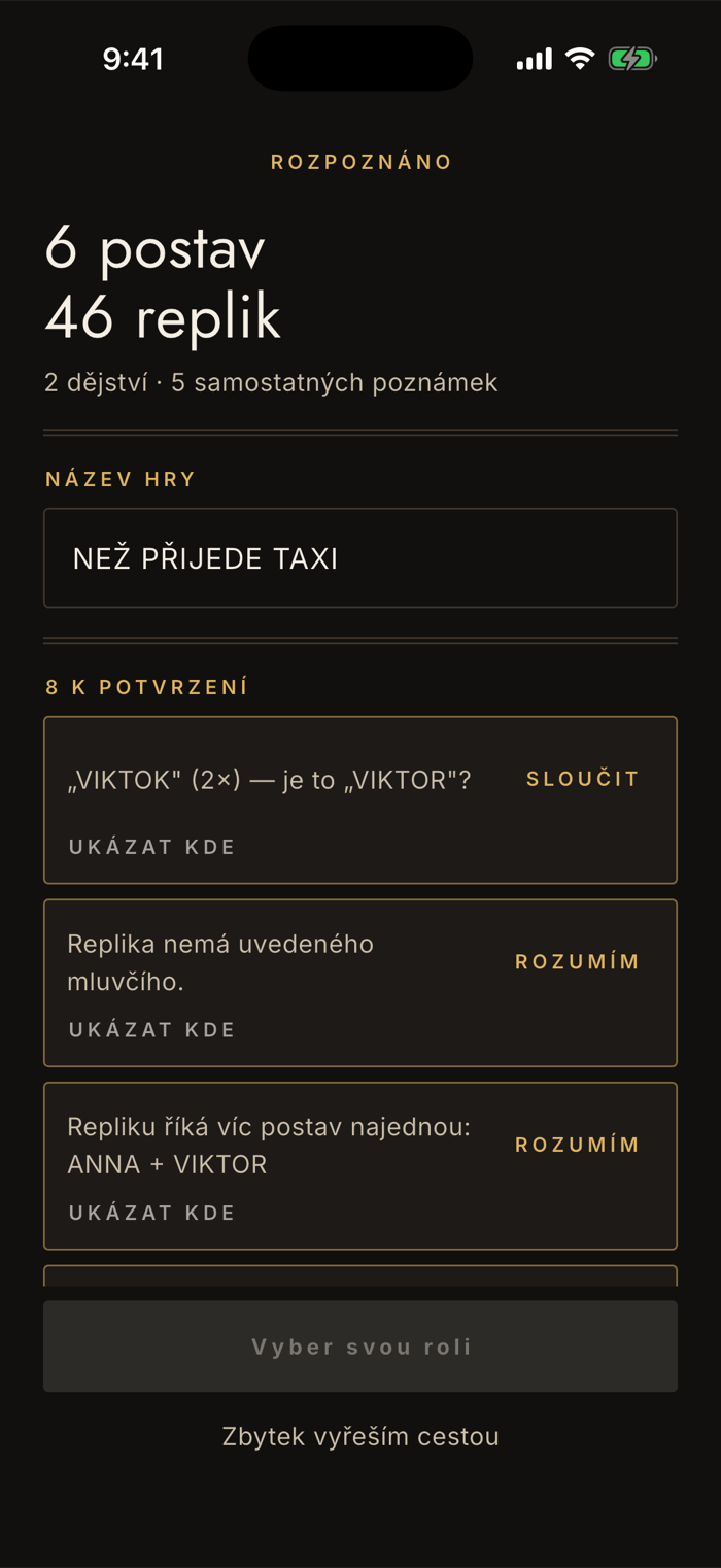 Potvrzovací obrazovka appky Nazkoušeno: nadpis Rozpoznáno, souhrn 6 postav a 46 replik, 2 dějství a 5 samostatných poznámek, přepisovatelné pole s názvem hry a seznam nálezů k potvrzení.