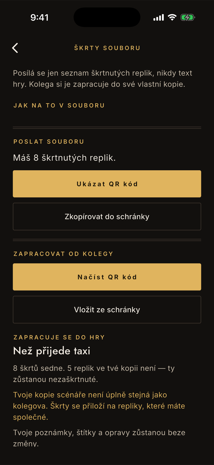 Obrazovka Škrty souboru s oddíly Poslat souboru a Zapracovat od kolegy a s náhledem: 8 škrtů sedne, 5 replik ve tvé kopii není.