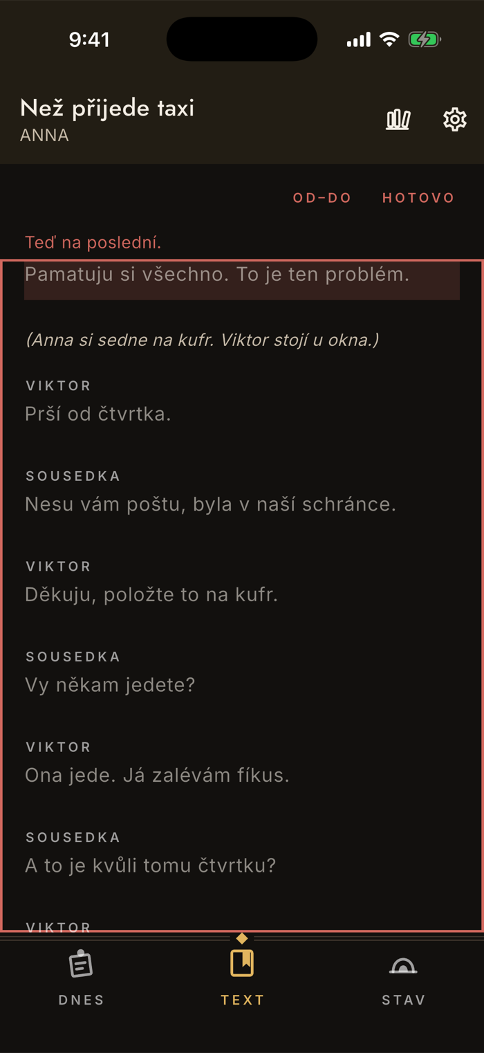 Režim škrtů se zapnutým rozsahem od–do: první replika rozsahu je podbarvená a appka vyzývá k ťuknutí na poslední.