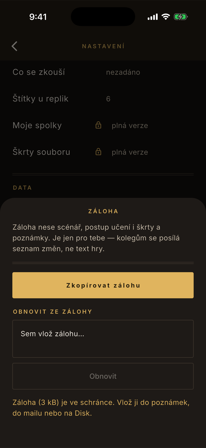 Panel Záloha s tlačítkem Zkopírovat zálohu, polem Sem vlož zálohu, tlačítkem Obnovit a hlášením Záloha (3 kB) je ve schránce.