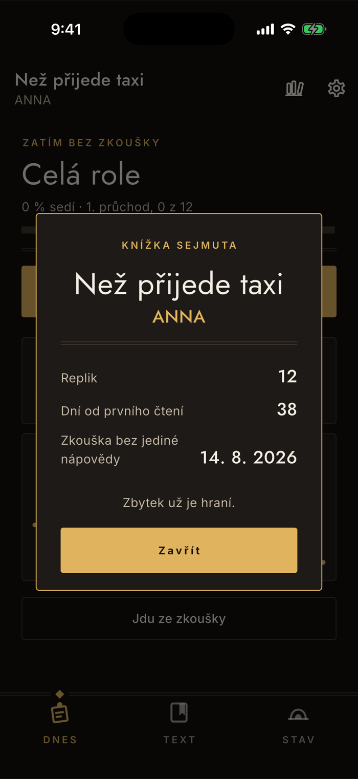 Karta Knížka sejmuta s názvem hry, rolí, počtem replik, počtem dní od prvního čtení, datem a větou Zbytek už je hraní.