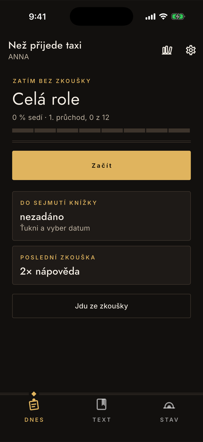 Domovská obrazovka s kartou Poslední zkouška a hodnotou 2× nápověda a s tlačítkem Jdu ze zkoušky.
